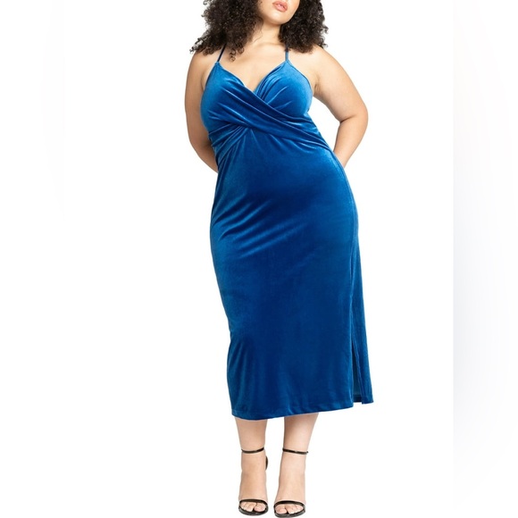 Eloquii Blue Velvet Stretch Midi Dress Leg Slit Sleeveless Women’s Size 22 NWT - Picture 1 of 11